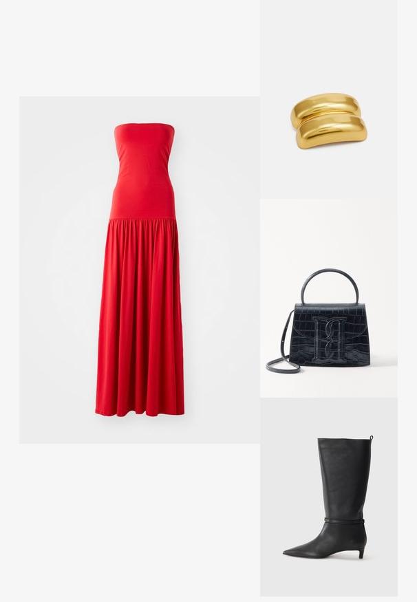 Rode strapless maxi-jurk met een aansluitend lijfje en een geraffineerde, vloeiende rok. Gemaakt van een zachte, lichte stof.; Zwarte leren kniehoog laars met een spitse neus, accentueert door een ronde band rond de enkel en een lage, taps toelopende hak. Glad textuur.; Zwarte handtas van krokodillleer met een gestructureerd ontwerp, bovenhandvat, verstelbare schouderband en een opvallend voorlogo.; Gouden metalen haarspeld met een glad, rond ontwerp. Het oppervlak is reflecterend en heeft een samengevoegde, gebogen vorm zonder extra versieringen.