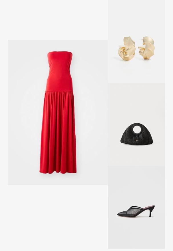 Punainen olkaimeton maksimekko, jossa on tiukka vartalonmyötäinen yläosa ja kerroksellinen, virtaava hame. Valmistettu sileästä, kevyestä kankaasta.; Mustat verkkomuulit, joissa on terävä kärki, ohuet hihnat ja 7,5 cm:n stiletto-korko. Ominaisuuksiin kuuluu läpikuultava pinta ja kiinteä sävyinen pohja.; Mustan kudotun laukun ainutlaatuinen puolikuun muoto, jossa on pyöreä kahva ja huomaamaton logo yksityiskohtana edessä. Teksturoitu pinta koko matkalta.; Koralliileveys kultasävyiset metallikorvakorut, joissa on veistoksellinen, spiraalimainen muotoilu. Ominaisuuksiin kuuluu sileät pinnat ja valoa heijastavat kaaret.