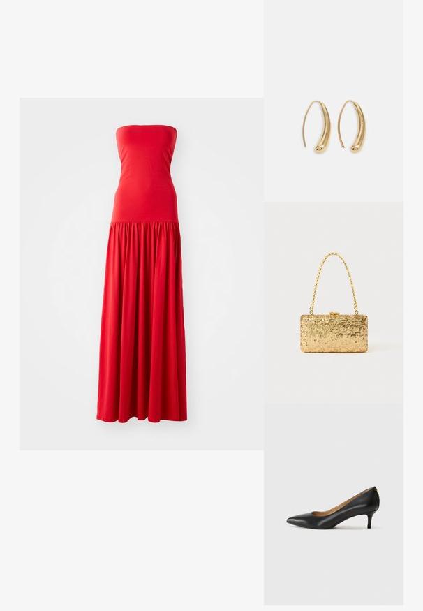 Vestido maxi vermelho sem alças com um corpete justo e uma saia franzida e fluida. Feito de um tecido leve e suave.; Sapato de salto alto em pele preta com bico fino, salto baixo e textura suave. Apresenta uma ligeira abertura na parte da frente e mínima ferragem na parte de trás.; Clutch dourada em lantejoulas com formato retangular, apresentando uma alça de corrente torcida e um fecho de metal, refletindo a luz com um acabamento texturizado.; Brincos em metal dourado com forma de arco alongado e curvado. Apresentam uma superfície lisa e brilhante, com uma ponta arredondada para um detalhe adicional.