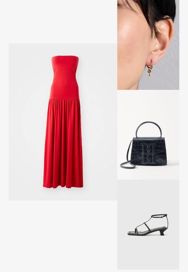 Piros, pánt nélküli maxi ruha, testhez simuló felsőrésszel és fodros, lágy szoknyával. Simogató, könnyű anyagból készült.; Fekete bőr szandál, négyzet alakú orral, vékony pántokkal, állítható bokapánttal és alacsony sarokkal. A pánton egy kis arany dísz található.; Fekete krokodilbőr hatású kézitáska, amelynek strukturált kialakítása van, felső fogantyúval, állítható pánttal és egy kiemelkedő elülső logó részlettel.; Arany hoop fülbevaló organikus, folyékony formával, texturált díszítésekkel és sima felülettel, átdöfött fülön viselve.