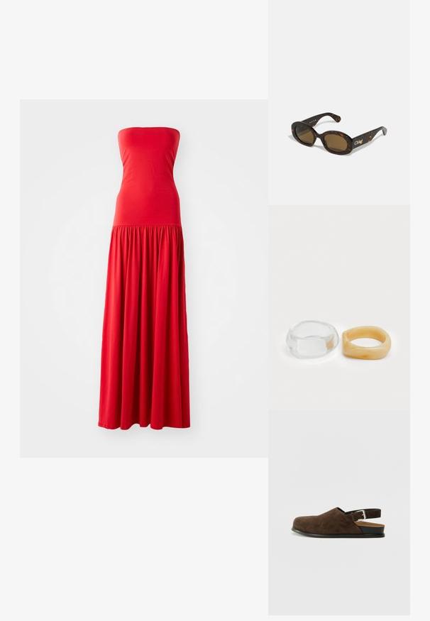 Červené maxi šaty bez ramínek s přiléhavým korzetem a nařasenou, splývavou sukní. Vyrobeno z hladkého, lehkého materiálu.; Hnědá semišová slip-on obuv s nízkým podpatkem, nastavitelným páskem se stříbrnou sponou a černou gumovou podrážkou.; Sluneční brýle v želvovinovém designu s oválnými rámy, hnědými skly a logem "Chloé" na nožičce. Hladký plastový materiál s lesklým povrchem.; Průhledné a jantarové prsteny z pryskyřice, jeden hladký a transparentní, druhý s texturovaným jantarovým povrchem. Oba mají zaoblené, robustní tvary.