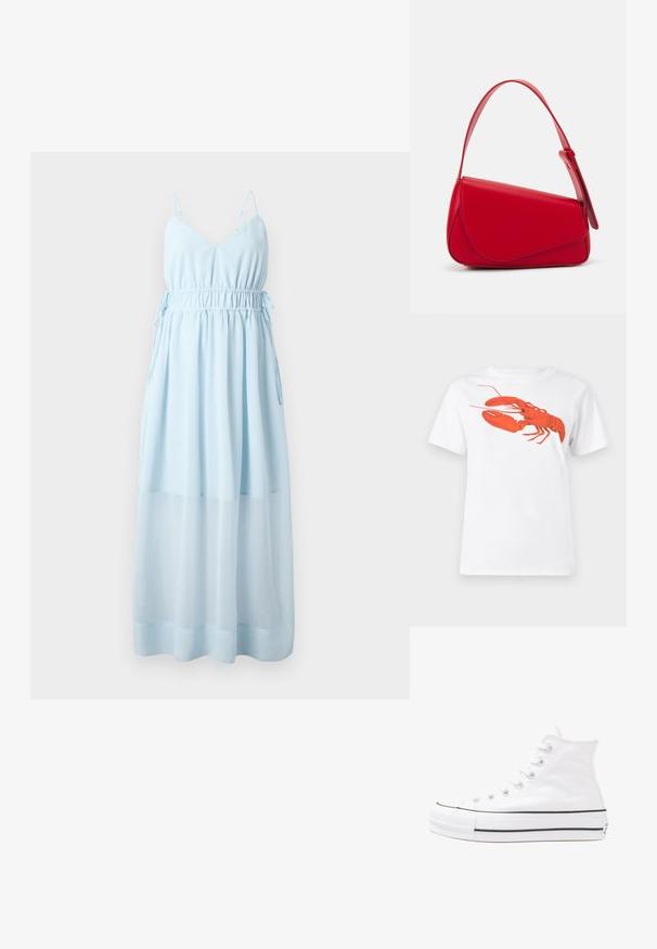 Jasnoniebieska, bezrękawnikowa sukienka maxi z dekoltem w serek, elastycznym pasem i zwiewną, przezroczystą dolną warstwą. Regulowane ramiączka i miękka tekstura materiału.; Biała bawełniana koszulka z dużą, jasnoczerwoną grafiką homara na przodzie. Krótkie rękawy i standardowy okrągły dekolt.; Białe wysokie trampki z płótna z czarną gumową podeszwą, przednim czubkiem z gumy i sześcioma dziurkami na sznurowadła, charakteryzujące się prostym, minimalistycznym designem.; Czerwona skórzana torebka o kanciastym, geometrycznym designie. Posiada jedną regulowaną rączkę oraz zapięcie na klapę z przeszyciami.