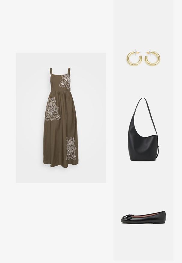 Abito maxi khaki con ricami floreali bianchi sul davanti, spalline sottili e una gonna svasata fluente.; Ballerina nera in pelle con punta rotonda, dotata di un fiocco decorativo e una finitura liscia. Design minimalista con suola piatta e bassa.; Borsa hobo nera in pelle con una superficie liscia, forma curvata e una singola tracolla regolabile; presenta un'ampia apertura nella parte superiore.; Orecchini a cerchio in oro con una finitura liscia e lucida. Design circolare con un piccolo perno e una chiusura trasparente per un indosso sicuro.