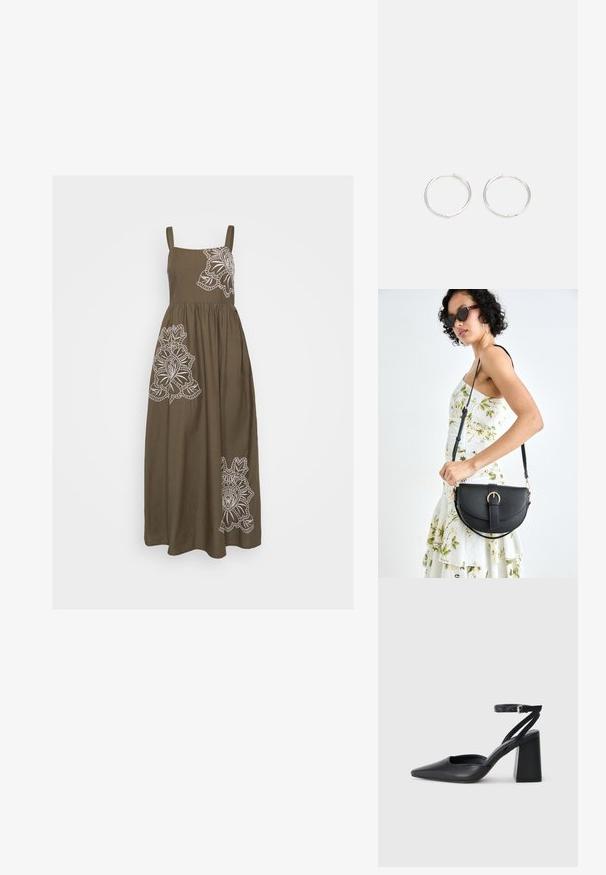 Rochie maxi khaki cu broderie florală albă pe față, cu bretele subțiri și fustă în formă de A care curge.; Pantofii cu toc ascuțit din piele neagră, cu breteaua pentru glezne și toc gros. Textură netedă, design elegant și estetică minimală.; Geantă din piele neagră, cu o formă curbată, curea detașabilă și accesorii aurii. Geanta are un capac cu un detaliu tip cataramă.; Cercei din argint cu un design elegant și rotund, având o suprafață netedă și fără embellismente vizibile. Diametrul nu este specificat.