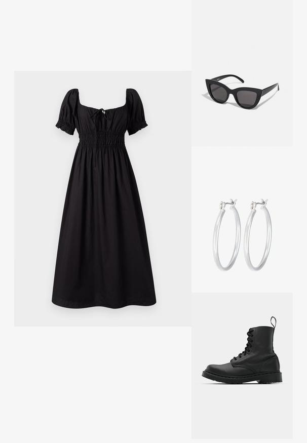 Musta, polven pituinen mekko, jossa on lyhyet puff-hihat, neliömäinen pääntie ja smockattu vyötärö. Valmistettu kevyestä kankaasta, jossa on sileä rakenne.; Musta nahkasaapas taisteluun, jossa on pyöreä kärki, nauhakiinnitys etuosassa ja vetolenkki nilkassa. Varustettu paksulla kumipohjalla kestävyystä varten.; Mustat kissansilmäaurinkolasit, joissa on matta pinta, harmaansiniset linssit, terävät kulmat ja tyylikkäät sivuvarret. Brändin nimi näkyy sisävarsissa.; Hope-silver rengas, joissa on sileä ja kiillotettu pinta. Pyöreä muoto ja turvallinen napsautettava lukitus. Kevyt muotoilu sopii päivittäiseen käyttöön.