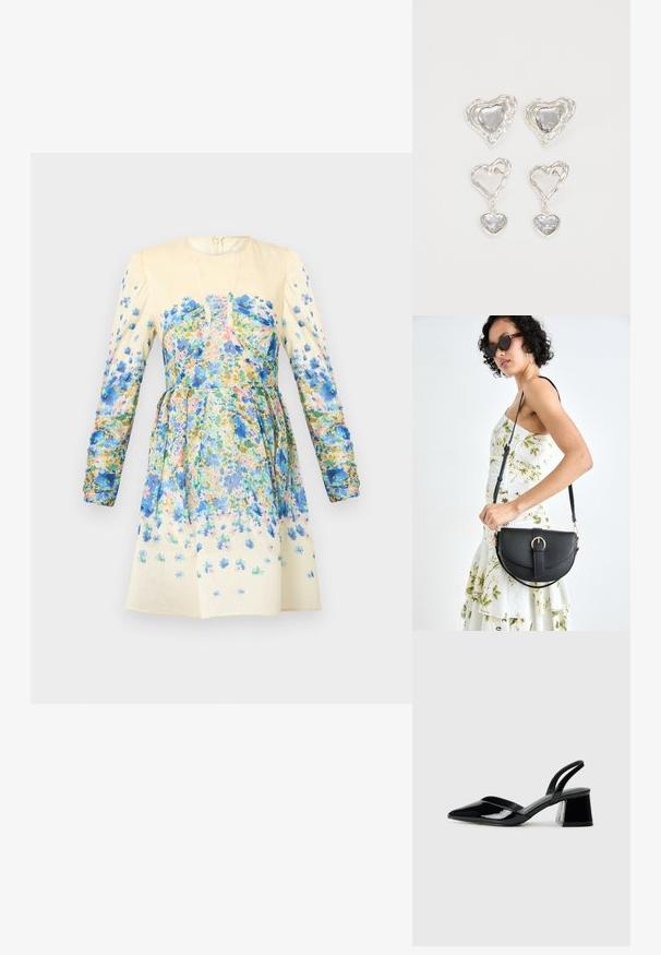 Cvečni kombinezon v bež barvi z dolgimi nabranimi rokavi, ki vsebuje večbarvne printe v modrih, roza in zelenih odtenkih. Oblačilo ima zategnjen pas in razširjen kroj krila.; Črne lakirane slingback pete s koničastim nosom in geometrijsko blokasto peto. Imajo eleganten, minimalističen dizajn in gladko teksturo.; Črna usnjena torbica s ukrivljeno obliko, z odstranljivo naramnico in zlatimi dodatki. Torbica ima pokrov s podrobnostmi v obliki zaponke.; Srebrni uhani v obliki srca vsebujejo fasetirane prosojne kamne ter teksturiran okvir. Komplet vključuje stenske in viseče sloge.