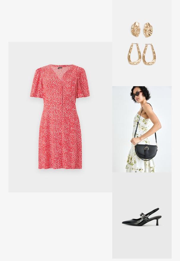 Czerwona sukienka z dekoltem w serek i krótkimi bufkami. Posiada biały wzór w kropki oraz guziki na przodzie. Lekki materiał.; Czarne lakierowane szpilki slingback z wąskim noskiem i małym słupkiem, z ozdobnym srebrnym klamrą na pasku.; Czarna skórzana torebka o zakrzywionym kształcie, z odpinanym paskiem i złotymi akcentami. Torebka posiada klapę z zapięciem w kształcie klamry.; Złote kolczyki w odcieniu, prezentujące teksturowane, faliste kształty. Zawierają rzeźbiarskie klipsy i otwarty projekt kółek z młotkowanym wykończeniem.
