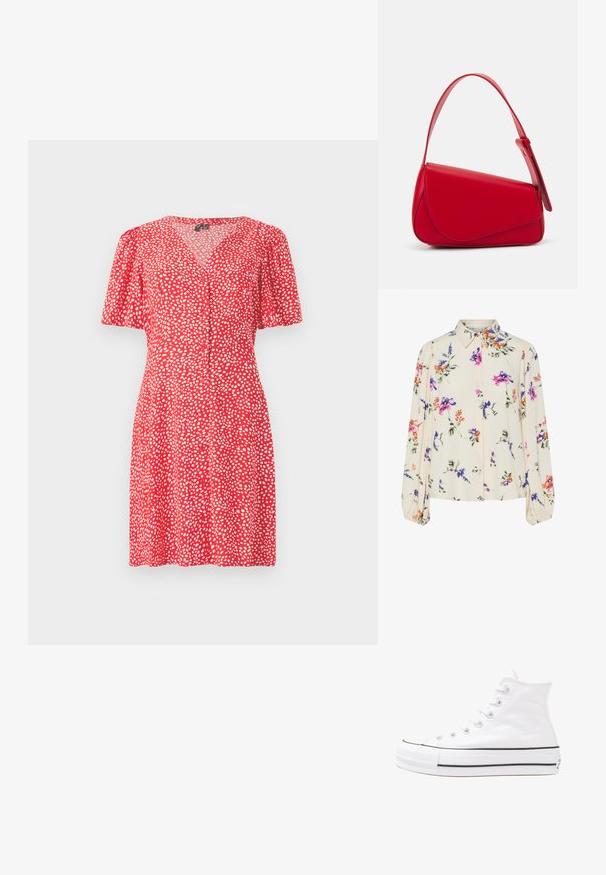 Rdeča obleka z V-izrezom in kratkimi naborki. Ima bel pikčast vzorec in gumbne detajle spredaj. Lahka tkanina.; Cvetna bluzica z dolgimi puff rokavi, svetlo smetanaste barve, s purpurnimi, oranžnimi in zelenimi cvetličnimi vzorci ter klasičnim ovratnikom.; Beli visoki platneni športni čevelj z črnim gumijastim podplatom, sprednjim gumijastim zaščitnikom za prste in šestimi luknjicami za vezalke, ki se ponaša s preprostim, minimalističnim dizajnom.; Rdeča usnjena torba z angularnim, geometrijskim dizajnom. Ima en samostoječ nastavljiv ročaj in pokrov, zaprt z zapiranjem, ki je okrašen s šivi.