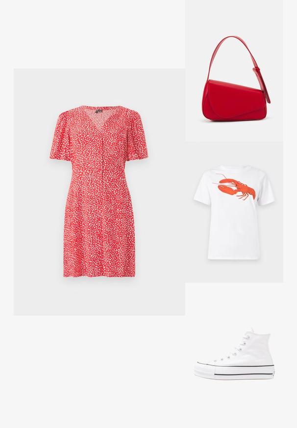 Piros ruha V-nyakkivágással és rövid puffos ujjakkal. Fehér pöttyös mintázattal rendelkezik, valamint gomb részletekkel az elején. Könnyű anyagból készült.; Fehér pamut póló, amelyen elöl egy nagy, élénkpiros homár grafika látható. Rövid ujjú és standard környakú kialakítás.; Fehér magaskorsó vászon sportcipő fekete gumi talppal, elülső gumi orrnyereggel és hat fűzőlyukkal, letisztult, minimalista dizájnnal.; Piros bőr kézitáska szögletes, geometrikus kialakítással. Egy állítható pánttal és varrott részletekkel ellátott fedélzárral rendelkezik.