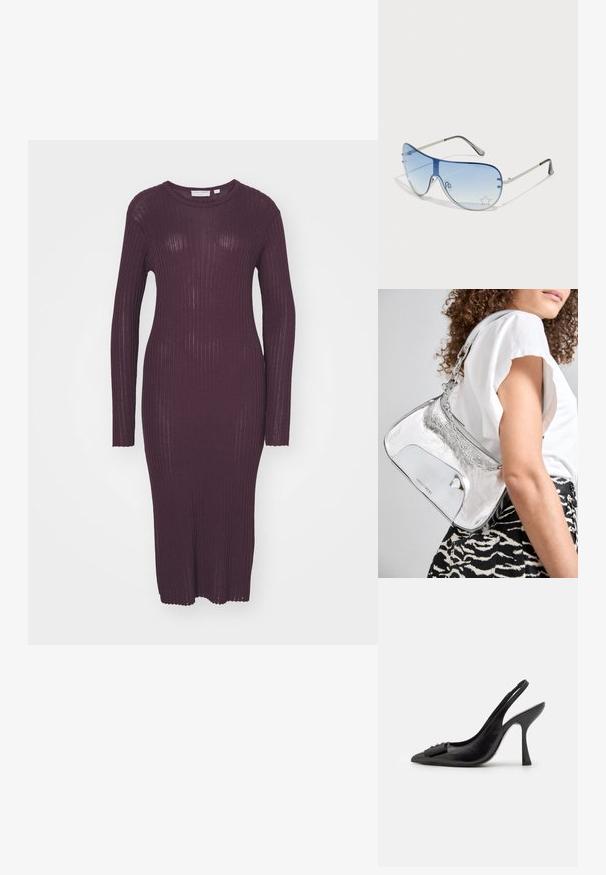 Tumeviolett pikkvarrukaga soonikkoes, millel on kinnitatud siluett ja ümmargune kaelus, mille varrukate äärtel on laineline serv.; Must musta slingback kingad terava ninaga, kitsas kõrge kontsaga ja dekoratiivse lipsu aktsendiga. Sile tekstuur ja voolav disain.; Aviatori prillid, millel on gradient sinine objektiiv, hõbedane metallraam ja dekoratiivsed staaraktsendid objektiivil. Sujuv ja stiilne disain.; Hõbedane metallist õlakott, millel on sile tekstuur, kaarduv disain, kettrohke ja poleeritud esipaneel, millel on peen logo graveering.