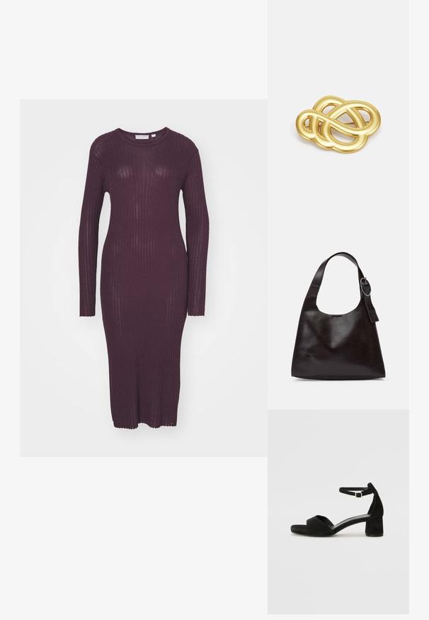 Langermet ribbet kjole i mørk lilla. Har en figursydd silhuett og en rund hals med en scallop-kant på ermeendene.; Sorte semskede hælede sandaler med en tynd ankelrem, åbent tådesign og en beskeden blokhæl. Glat tekstur og minimale accenter.; Brun lærveske med en glatt tekstur, rund form, bred stropp og sirkelformet metallaccent på håndtaket.; Gullfarget brosje med en knyttet design, glatte, buede linjer og en intrikat form, som reflekterer en polert overflate.