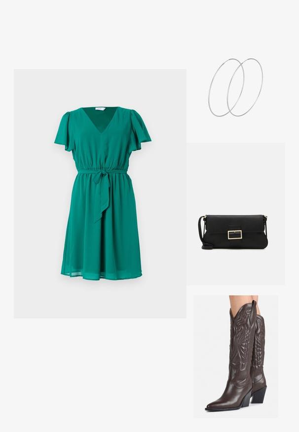 Žalia, iki kelių siekanti suknelė, pagaminta iš lengvos medžiagos. Turi V formos iškirpimą, trumpas plazdančias rankoves ir juosmenį ryšimui, kad būtų suformuota prigludusi siluetas.; Rudos odinės kaubojaus batai su smailiu priekiu ir blokuotu kulnu, pasižymintys detaliu siuvinėjimu ir iškiliais akcentais ant ašies.; Juodas odinis dėkliukas su atvarteliu ir auksinės metalinės sagties detalėmis. Įeina juodas diržas ir elegantiškas, minimalistinis dizainas.; Sidabrinės pusmėnulio auskarai minimalistiniu dizainu. Apskritimo forma, lygus paviršius ir plonas profilis. Lengvi su poliruotu apdailu.