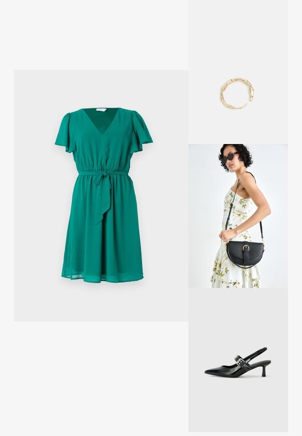 Zelena, haljina do koljena od lagane tkanine. Ima V-izrez, kratke lepršave rukave i pojas na vezanje za prilagodljiv siluetu.; Crne lakirane slingback potpetice s oštrim prstom i malom blok petom, s naglaskom na srebrnoj kopči na remenu.; Crna kožna torba s lukovitim oblikom, odvojivim remenom i zlatnim detaljima. Torba ima preklop s kopčom.; Prsten u zlatnoj nijansi s organskim, uvijenim dizajnom, glatkom teksturom i suženim krajevima, koji stvara moderan, skulpturalni izgled.