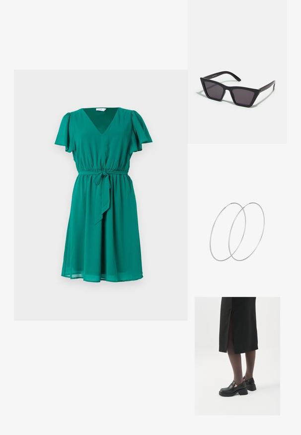 Zelené, po kolená dlhé šaty vyrobené z ľahkej tkaniny. Majú výstrih do V, krátke volánové rukávy a opasok na viazanie pre priliehajúcu siluetu.; Čierne kožené topánky s okrúhlou špičkou, silným blokovým opätkom a elastickými bočnými akcentmi, skombinované s tmavými pančuchami a čiernou sukňou so štiepením.; Čierne, ostré slnečné okuliare so sivými sklami; vyrobené z plastu, majú hrubé ramená s hladkým povrchom a bez viditeľnej mechaniky.; Strieborné kruhové náušnice s minimalistickým dizajnom. Cirkulárny tvar, hladký povrch a tenký profil. Ľahké s lesklým povrchom.