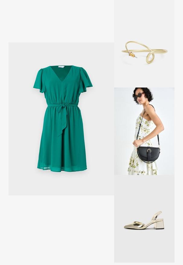 Žalia, iki kelių siekanti suknelė, pagaminta iš lengvos medžiagos. Turi V formos iškirpimą, trumpas plazdančias rankoves ir juosmenį ryšimui, kad būtų suformuota prigludusi siluetas.; Auksiniai, metaliniai slingback aukštakulniai bateliai su smailiu pirštu ir masyviu kulnu. Lygus paviršius, minimalizmo dizainas ir siaura juostelė.; Juodas odinis krepšys su išlenkta forma, nuimamu dirželiu ir auksiniais detalėmis. Krepšys turi kilpą su sagtimi.; Auksinės spalvos metalinė apyrankė su skysčiu, kreipiančiu dizainu. Viename gale yra mažas, išsiskiriantis, sidabrinės spalvos akcentas.