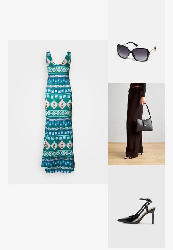Maxikjole laget av glatt stoff med et variert geometrisk mønster i blått, grønt, rosa og hvitt. Fremhevingene inkluderer blomster- og lanterne-motiver.; Svart lakkert høye hæler med åpen bakside og spiss tå, justerbar ankelrem og åpne sider. Jevn tekstur.; Sorte oversized solbriller med gradient linser, tykke rammer og detaljering med gulltonekjede på tempelarmene.; Svart håndveske med strukturert form, jevn tekstur og metallisk lås. Kombinert med brede svarte bukser og sandaler med åpen tå på tregulv.