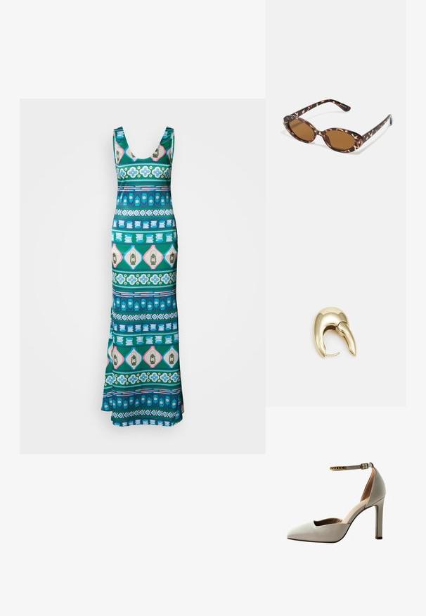 Sileda maksikleit, mis on valmistatud siledast kangast ja millel on mitmekesine geomeetriline muster sinises, rohelises, roosas ja valges. Tõmbenumbriteks on lille- ja laternamotiivid.; Heled hallikas kõrge kontsaga king, millel on terav varvas, avatud vampi disain, pahkluu rihm ja kuldne ketti aksessuaar. Sile nahk tekstuur.; Kilpkonnakilbi stiilis prillid ovaalsete läätsedega, pruunide toonidega, õhukeste kätega, millel on tekstureeritud muster, kerge plastmassraam.; Kuldtooni metallist kõrvarõngas, millel on elegantne ja kaarjas disain. Omab silmapaistvat teravat kuju, poleeritud pinda ja hingesulgemist.