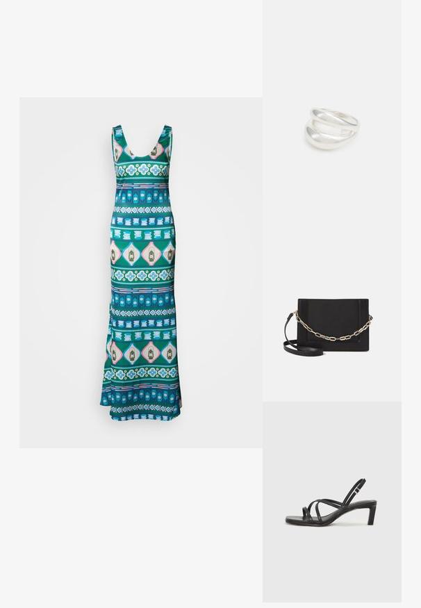 Maxi obleka, izdelana iz gladkega materiala, z različnimi geometrijskimi vzorci v modri, zeleni, roza in beli barvi. Poudarki vključujejo cvetlične in svetilniške motive.; Črne natikače s trakovi in kvadratnim prstom ter nizkim blokastim peto. Imajo več tankih trakov in nastavljiv trak okoli gležnja. Narejene so iz gladkega usnja.; Črna usnjena torba čez ramo z gladko teksturo, pravokotno obliko in kovinskim verižnim detajlom spredaj. Vključena je nastavljiva naramnica.; Srebrn dvojni prstan z gladko, polirano površino. Ima tekoč, ukrivljen dizajn z prekrivajočimi se sekcijami za sodoben videz.