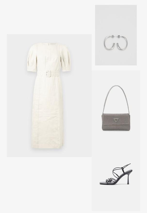 Vestido midi de linho em bege claro com mangas curtas em balão, cintura ajustada com cinto e fecho nas costas. Textura suave, design minimalista.; As sandálias de salto alto pretas apresentam tiras finas com um design em nó, uma biqueira quadrada lisa e um elegante salto agulha.; Bolsa metálica cinza claro com uma alça de corrente, adornada com pequenos rebites metálicos circulares e um logótipo triangular da marca.; Brincos de argola prateados com um acabamento suave e brilhante. Forma arredondada, design leve, com fecho de pino.