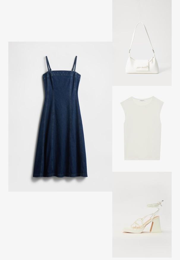 Traper haljina s tankim naramenicama, tamnoplave boje, A-kroja, s okomitim šavovima i urednim rubom. Izrađena od čvrste, teksturirane traperske tkanine.; Bijela majica bez rukava s okruglim izrezom. Izrađena je od glatkog materijala, nudi opušteni kroj i minimalistički dizajn. Bez uzoraka ili ukrasa.; Bijela sandala na visokoj potpetici s debelim petom, s remenom i vezanjem oko gležnja. Glatka tekstura s platformom sprijeda za dodatnu visinu.; Bijela sintetička torbica s trokutastim oblikom, ravnim prednjim poklopcem i detaljem u obliku mašne, podesivom remenom, glatkom teksturom i minimalističkim dizajnom.