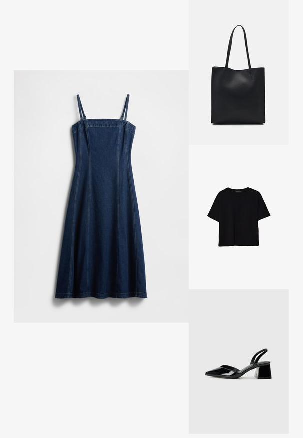 Farkkumekko ohuilla olkaimilla, tummansininen väri, A-linjainen malli, pystysuorat saumat ja siisti helma. Valmistettu vahvasta, teksturoidusta farkkukankaasta.; Musta lyhythihainen lyhyt t-paita, jossa on pyöreä kaula-aukko ja yksinkertainen design, asetettuna tasaisesti valkoiselle taustalle.; Mustat patentoitu nahkakengät, joissa on säären takaosa ja terävä kärki, sekä geometrinen palikkakorko. Sisältää tyylikkään, minimalistisen muotoilun ja sileän pinnan.; Mustapahkainen kangaskassi, jossa on sileä pinta, suorakaiteen muotoinen ja kaksi pitkää kahvaa. Ei näkyvää metalliosaa tai koristeita.