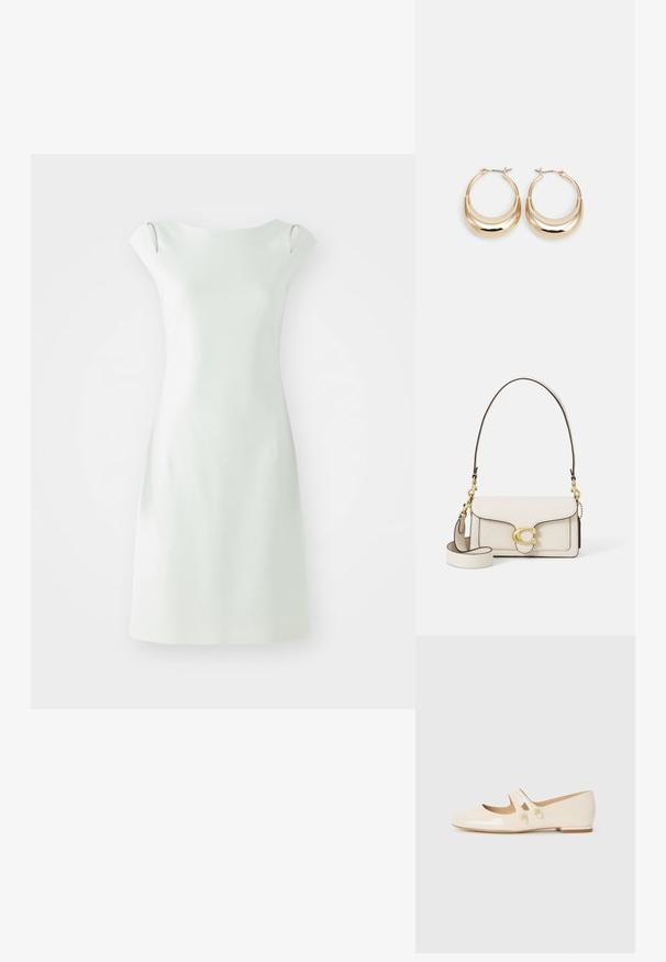 Robe blanche courte avec une silhouette simple, encolure ronde et manches courtes. Texture lisse, design minimaliste, avec des découpes sur les côtés.; Ballerines en cuir verni ivoire avec deux sangles décoratives et boutons dorés, présentant un bout rond et un petit talon carré.; Sac en cuir crème avec un design structuré, bords noirs contrastants, quincaillerie dorée et une bandoulière détachable ornée d'un logo signature.; Boucles d'oreilles créoles dorées en forme de croissant, avec une surface polie et un fermoir à charnière. La texture lisse et la finition réfléchissante améliorent la visibilité.