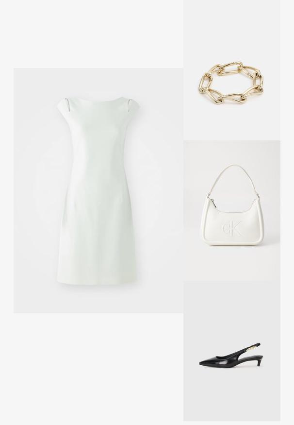 Krátké bílé šaty s jednoduchou siluetou, kulatým výstřihem a krátkými rukávy. Hladká textura, minimalistický design, s bočními výřezy.; Černé kožené boty na podpatku s otevřenou patou a špičatou špičkou, s tenkým podpatkem a zlatým akcentem na nastavitelném pásku. Hladký povrch.; Bílá kožená kabelka s křivkovým tvarem, na přední straně s vyraženým logem "CK" a jediným ramenním popruhem. Zipový uzávěr na vrchu.; Náhrdelník ve zlaté barvě s propletenými podlouhlými články s hladkým, lesklým povrchem. Každý článek má odlišný oválný tvar.
