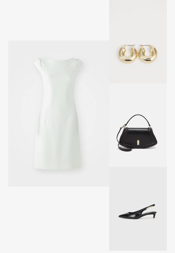 Kort hvit kjole med en enkel silhuett, rund hals og ermeløs design. Glatt tekstur, minimalistisk design, med sidelufter.; Sorte lærreim hæler med spiss tå, som har en slank hæl og en gullfarget detalj på den justerbare stroppen. Glatt tekstur.; Sort lærveske med en strukturert design, som har en avkortet form, topphåndtak og detaljer i gull. Justerbar skulderstropp inkludert.; Gullring med en jevn, avrundet form og blank finish, utstyrt med en lås for feste. Gravet med "DKNY."