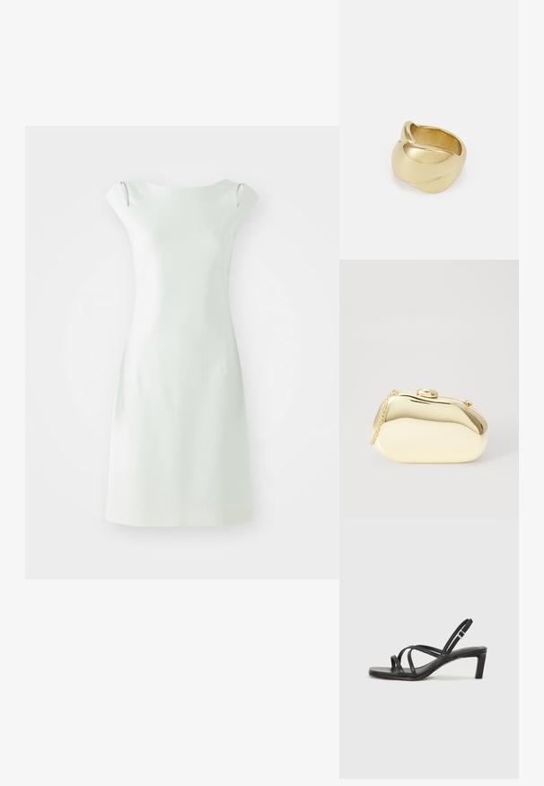Rövid fehér ruha egyszerű szilhuettel, kerek nyakkivágással és kis ujjakra szabott kiszélesedéssel. Simább textúra, minimalista dizájn, oldalsó kivágásokkal.; Fekete pántos szandál négyzetes orral és alacsony blokk sarkal. Több vékony pánttal és állítható boka pánttal rendelkezik. Sima bőrből készült.; Fémes arany színű kistáska sima, lekerekített formával, tetején gombos záródással és kis láncfogóval a hordozáshoz.; Aranyszínű gyűrű sima, csavarodott mintával. Polírozott felülettel és lekerekített élekkel rendelkezik, ami zökkenőmentes, folyékony formát kölcsönöz neki.