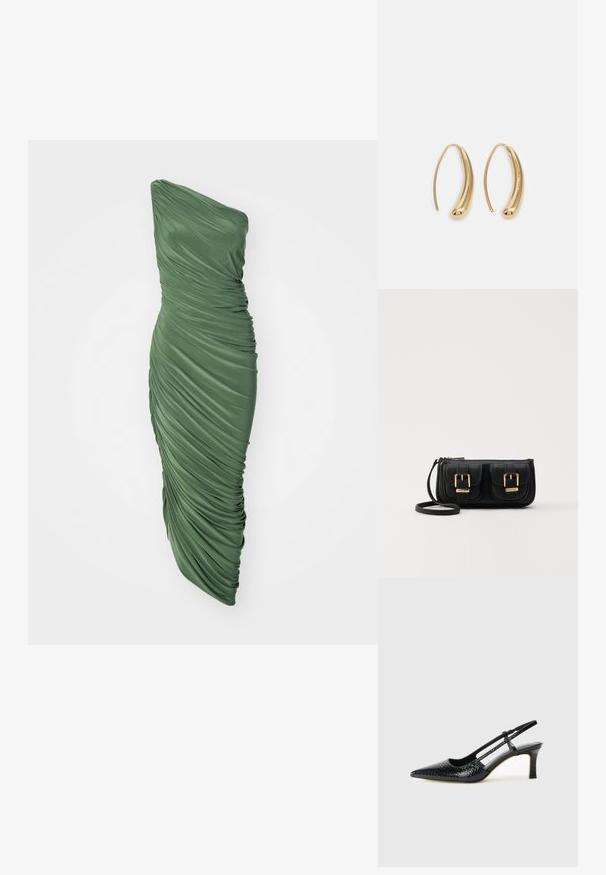 Zaļa, vienu plecu atklājoša kleita no sakrāta, teksturēta auduma, ar pieguļošu siluetu, kas plūst līdz apakšmalai.; Melna patent āda ar slīdošo papēdi un smailo purngalu, ar teksturētu čūsku drukājumu, regulējamu siksniņu un īsu teksturētu blokpapēdi.; Melnas ādas crossbody soma ar divām priekšējām kabatām, zelta sprādzēm, ar rāvējslēdzēju aizdari un šauru siksnu. Strukturēta virsma un kompakta taisnstūra forma.; Zelta toņu metāla gredzena auskari ar izliektu, pagarinātu formu. Ar gludu, spīdīgu virsma un noapaļotu galu papildu detaļām.
