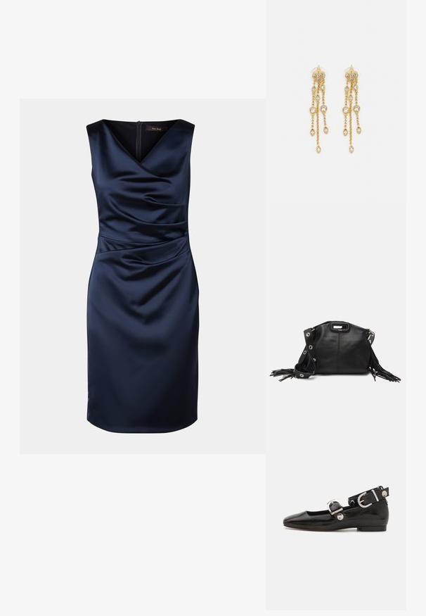 Navy satin dress with a V-neck, sleeveless design, ruched detailing at the waist, and a discreet zipper closure at the back.; Black patent leather flat shoe with a squared toe, ankle strap featuring silver hardware, and flat sole. Smooth texture with minimalist design.; Maje MISS MINI - Cross body bag - noir; Gold-tone earrings with multiple cascading chains, featuring clear oval rhinestone accents and decorative stud tops.