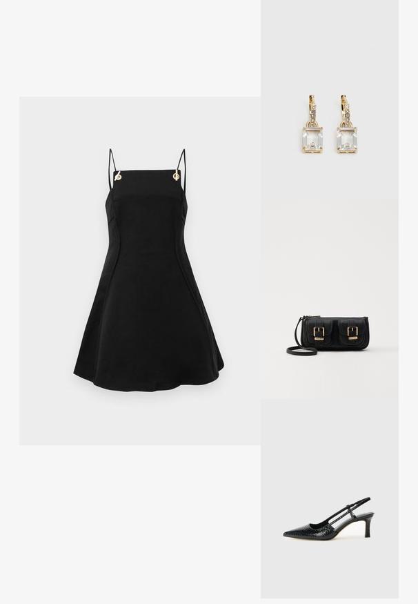 Melnas bez piedurknēm kleita ar regulējamiem plāniem siksnām, kurai ir zelta detaļas un izplūdis siluets. Gluda auduma tekstūra.; Melna patent āda ar slīdošo papēdi un smailo purngalu, ar teksturētu čūsku drukājumu, regulējamu siksniņu un īsu teksturētu blokpapēdi.; Melnas ādas crossbody soma ar divām priekšējām kabatām, zelta sprādzēm, ar rāvējslēdzēju aizdari un šauru siksnu. Strukturēta virsma un kompakta taisnstūra forma.; Zeltītas auskaru rotas, kuru centrā ir taisnstūra formas caurspīdīgs kristāls, kas karājas zem mazu, apaļu caurspīdīgu akcentu rindas. Elegants, mūsdienīgs dizains.