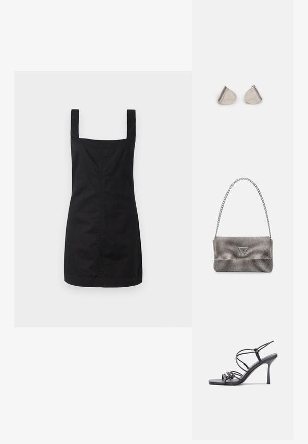Čierne šatové bezrukávové šaty so štvorcovým výstrihom, vyrobené z hladkej tkaniny. Majú priliehavý strih a dĺžku po strednú časť stehna.; Čierne sandále na vysokom podpätku majú tenké remienky s uzlovým dizajnom, hladký štvorcový špičku a elegantný stiletto podpätok.; Svetlošedá metalická kabelka s reťazovým popruhom, ozdobená malými kruhovými kovovými štítkami a trojuholníkovým logom značky.; Strieborné kovové náušnice s hladkým tvarom kvapky a lesklým povrchom. Jemné rytiny pridávajú detail. Minimalistický dizajn.