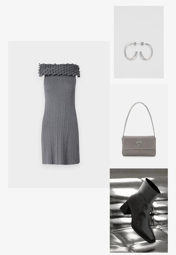 Pelēka adīta kleita ar faktūras, viļņotu off-shoulder kakla izgriezumu. Iespējas vertikāla ribošanā, pieguļošs siluets un mīksts materiāls.; Melnas potītes kurpes, izgatavotas no spīdīga materiāla, ar kvadrātveida purngalu un konusveida papēdi, novietotas uz spīdīga sudraba izšūta fona.; Gaiši pelēka metāla rokassoma ar ķēdes siksnu, rotāta ar mazām apaļām metāla kniedēm un trīsstūra zīmola logo.; Sudraba stīpas auskari ar gludu, spīdīgu virsmu, izceļas ar izliektaveida formu un aizdari ar tapu. Minimālistisks dizains ar mūsdienīgu apdari.