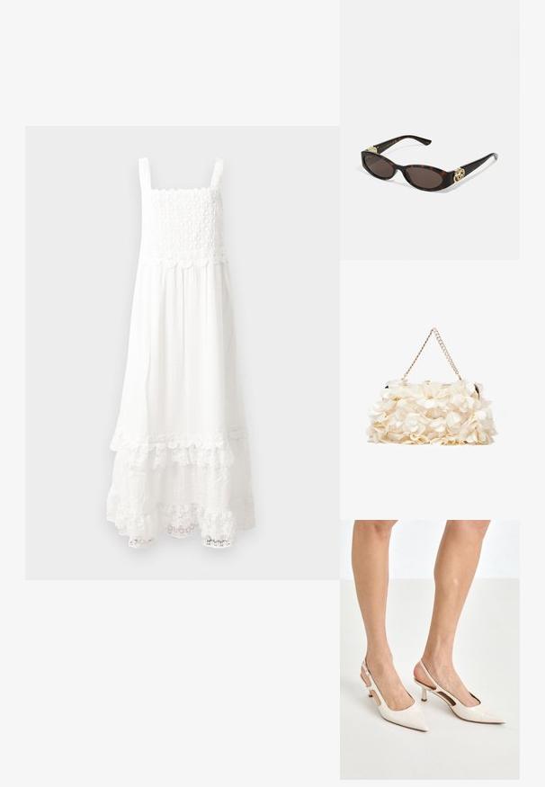 Ilga balta suknelė iš tekstūruoto audinio, su suknele su smulkintomis detalėmis, reguliuojamais petnešėlėmis ir nėriniais apatinėje dalyje.; Šviesiai pilkos, lakuotos odos slingback aukštakulniai su smailiu noseliu ir 5 cm kulnu, su išpjovomis šonuose ir plona kulkšnies juostele.; Tortoise kiaurinių saulės akinių su pailgomis ovalo formos lęšiais, rudos spalvos atspalviu, auksinėmis logotipo detalėmis ant šakelių ir elegantiškais juodais rankenėlėmis.; Balta gėlių rankinė su susiraukšlėjusia audinio paviršiumi, auksinės spalvos grandinėlės dirželiu ir metaliniu uždarymu. Papuošta tekstūruotomis žiedlapėmis, pridėjančiomis detalių.