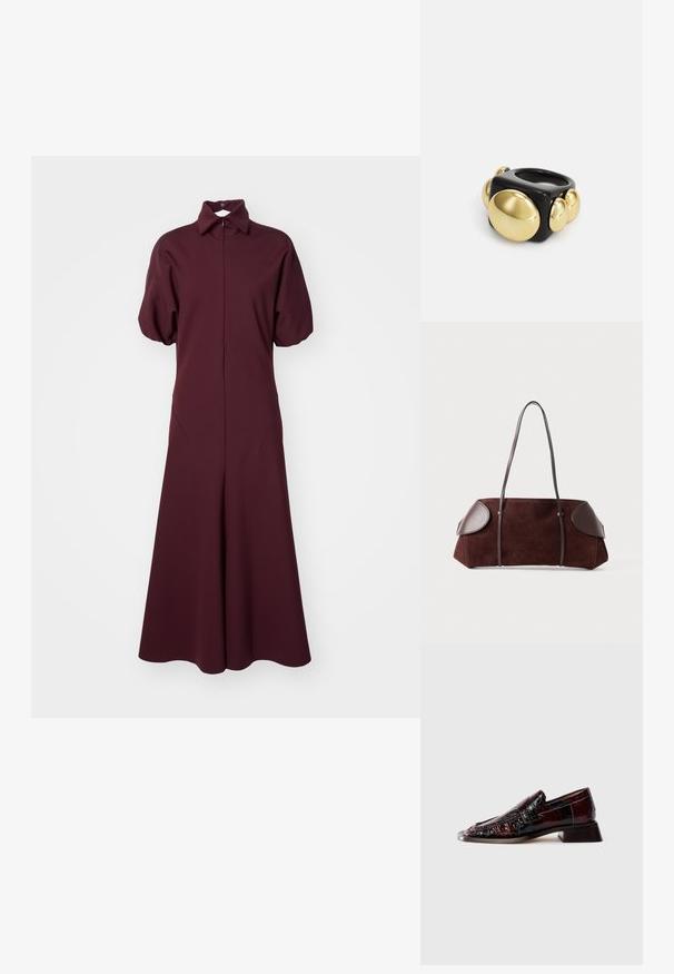 Rochie lungă burgundy cu guler, mâneci scurte tip volănaș și fustă amplă. Realizată dintr-un material neted cu un ușor luciu.; Mocasini din piele laică de culoare burgundă închisă, cu finition texturat, toc mic și detalii clasice cu bandă pentru monede, prezentat din lateral.; Geantă din suede maro cu accente din piele, formă structurată, două curele de umăr și margini rotunjite, având o textură netedă și hardware minim.; La Manso SQUARE - Inel - black