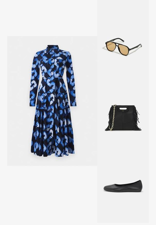 Rochie albastră cu mâneci lungi, guler, închidere frontală cu butoane și țesătură brodată cu nuanțe de albastru și negru, având două buzunare pe piept.; Balerini din piele neagră, cu vârf rotund, textură netedă, detalii de cusătură minimale și un design al tălpii flexibil.; Ochelari de soare negri cu lentile de culoare maro; formă rectangulară cu un cadru gros, inclusiv accente hardware subtile pe mânere.; Geantă de mână din piele neagră cu detalii din franjuri, curea de umăr din lanț auriu și un mâner cu tăietură. Prezintă plasarea logo-ului pe față.