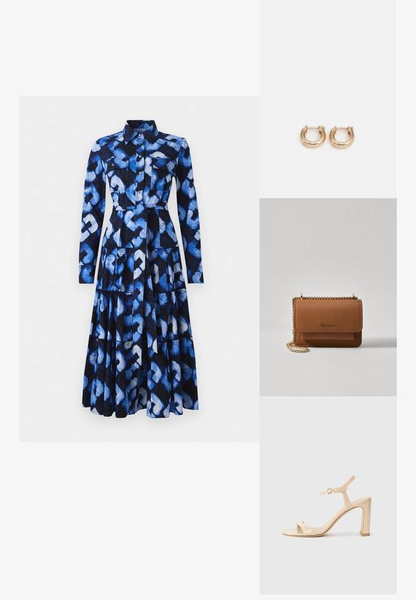 Sinine kleit pikkade varrukatega, krae, eest nööbidega kinni, ja mustriga kangas, mis sisaldab sinise ja musta tooni, kahe rinnataskuga.; Bež kõrge kontsaga suss, millel on pahkluuraam ja kuldne lukk, avatud varvas ja plokk-konts valgel taustal.; Pruun tekstureeritud nahk ristkeha kott kuldse ahelaga rihmaga ja klapiga sulgemine. Esiküljel on logo detail ja tasku klapi all.; Kullatud rõngaste kõrvarõngad, millel on poleeritud viimistlus, pakuvad paksu ringikujulist disaini ja kindlat sulgemismehhanismi. Sile tekstuur ja läikiv välimus.