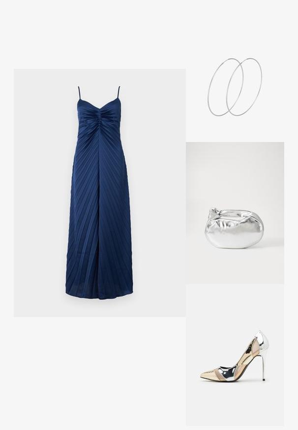 Mornarsko modra satenasta obleka s tankimi naramnicami, nabranim dizajnom, prilegajočim zgornjim delom in sprednjim razporkom za dodaten poudarek. Dolga do tal.; Čevlji z visoko peto in konico, v barvni kombinaciji srebrne, zlate in nude. Sijajna obdelava z izrezljanim dizajnom, z igličasto peto.; Srebrna kovinska torbica z mehko, zaobljeno obliko in zavezano zgornjo zaporo. Narejena iz gladkega umetnega usnja.; Srebrne uhane v obliki obroča z minimalističnim dizajnom. Krožna oblika, gladka tekstura in tanek profil. Lahki s poliranim zaključkom.