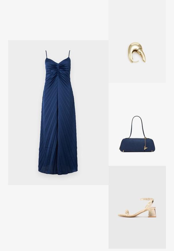 Abito in satin blu navy con spalline sottili, design plissettato, corpetto aderente e uno spacco frontale per un tocco in più. Lunghezza a pavimento.; Sandal in metallo dorato con tacco a blocco angolare, due cinghie sul piede e una cinghia alla caviglia regolabile. Tocco liscio.; ALDO THALELI - Borsa a mano - navy; Orecchino in metallo color oro con un design elegante e curvo. Presenta una forma appuntita distintiva, superficie lucida e chiusura a cerniera.