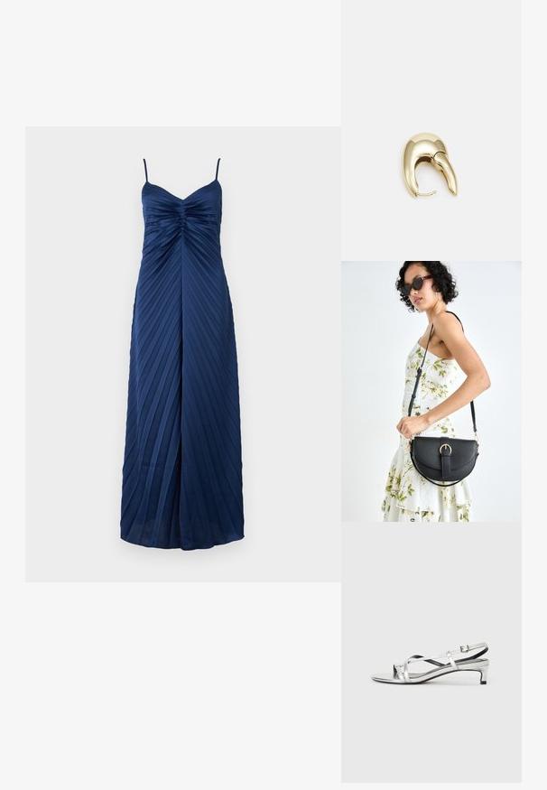 Tumedate satin kleit, millel on õhukesed rihmad, pleeditud disain, sobiv bodi ja ettepoole lõhik lisaks detailina. Pikad põrandani ulatuvad varrukad.; Hõbedane metallist suss-sandaal madala kandega, millel on ristuvad rihmad ja sile tekstuur. Minimalistlik disain.; Mustmust mustraha kõverate joontega, eemaldatava rihmaga ja kuldsete detailidega. Kotil on klapp, millel on pandladetail.; Kuldtooni metallist kõrvarõngas, millel on elegantne ja kaarjas disain. Omab silmapaistvat teravat kuju, poleeritud pinda ja hingesulgemist.