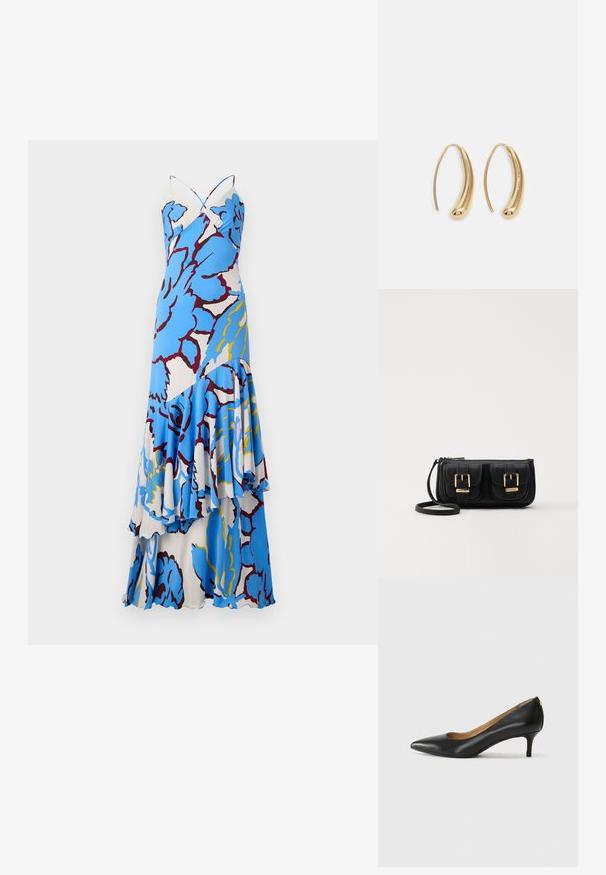Virágmintás maxi ruha kék és fehér színben, csavart pántokkal és réteges fodrokkal. Könnyű anyagból készült, légies fazonnal.; Fekete bőrpumpa hegyes orral, alacsony sarokkal és sima felülettel. Elöl enyhe nyílással rendelkezik, hátul pedig minimális részletezéssel.; Fekete bőr keresztbody táska két elülső zsebbel, arany csattokkal, cipzáras záródással és vékony pánttal. Textúrált felület és kompakt téglalap alak.; Aranyszínű fémből készült karika fülbevalók ívelt, hosszúkás formával. Simaságával és fényes felületével, valamint lekerekített végével további részletekkel bővül.