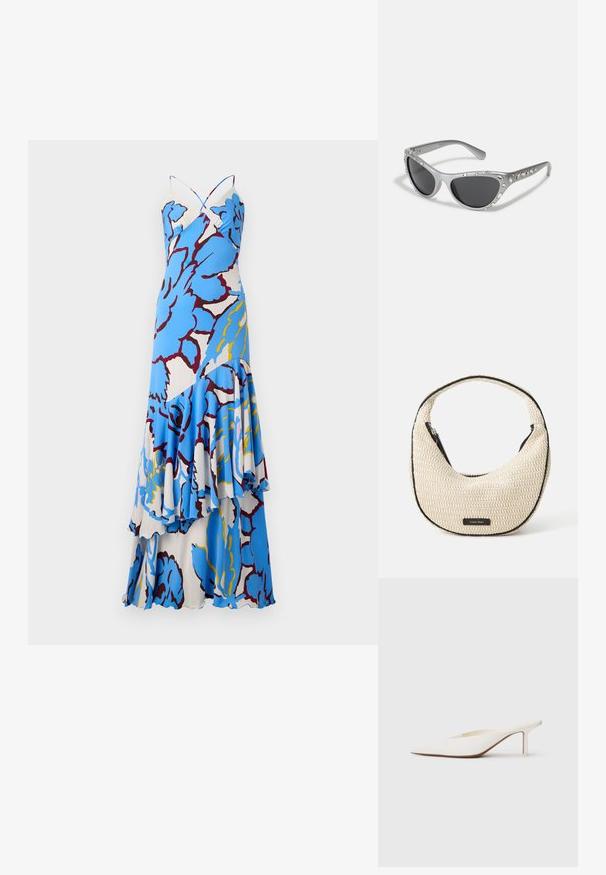 Blommig maxiklänning med ett blått och vitt mönster, vridna axelband och lager av volanger. Tillverkad av lätt tyg med en flödande design.; Spetsig tå vit mule med en låg stilettklack. Tillverkad av mjukt material med en minimalistisk design och subtila bruna souldetaljer.; Silvriga kattöga-solglasögon med mörka linser, dekorerade med klara ädelstensaccentueringar längs bågen. Matt finish med böjd tempeldesign.; Beige vävd axelväska med en kurvad form och svarta detaljer. Har ett toppdragkedjestängning och en logotypapplikation på framsidan.