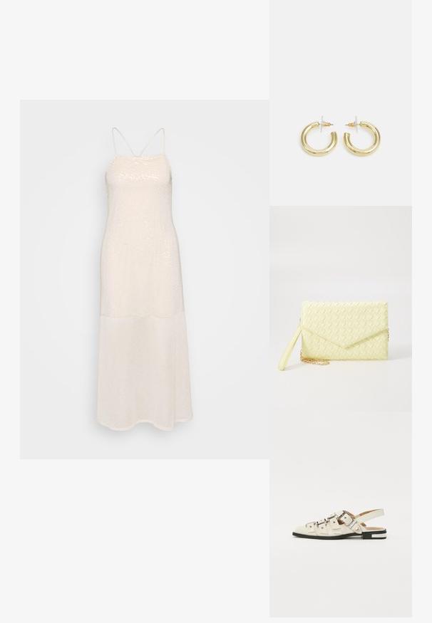 Gaiši beigē, grīdas garuma kleita, kas izgatavota no mirdzoša auduma; satur plānas siksnas un taisnu siluetu. Gluda tekstūra ar smalku spīdumu.; Baleta sandalītes baltā ādā ar vairākiem platām siksnām un sudraba sprādzēm; plakana zole ar mazu melnu papēdi un metalizētām akcentiem.; Dzeltena austs kabata ar atloku dizainu, noņemamu plaukstas siksnu un zeltītu ķēdes akcentu. Gluda tekstūra un taisnstūra forma.; Zelta auskari ar gludu, spīdīgu apdari. Apaļš dizains, kas ietver mazu tapu un caurspīdīgu pamatni drošai valkāšanai.