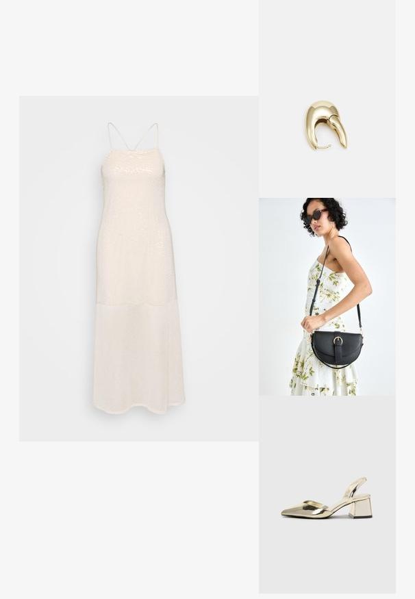 Světlobéžové, délky po zem, šaty z flitrové látky; mají tenká ramínka a rovný siluetu. Hladký povrch s jemným leskem.; Kovové zlaté pantofle na podpatku s špičatou špičkou a masivním podpatkem. Hladký povrch, minimalisticý design a úzký pásek.; Černá kožená kabelka s křivkovým tvarem, odnímatelným popruhem a zlatými detaily. Kabelka má klopu s přezkou.; Náušnice ve zlatém tónu z kovu s elegantním zakřiveným designem. Vyznačují se jedinečným špičatým tvarem, lesklým povrchem a závěsem na kloub.