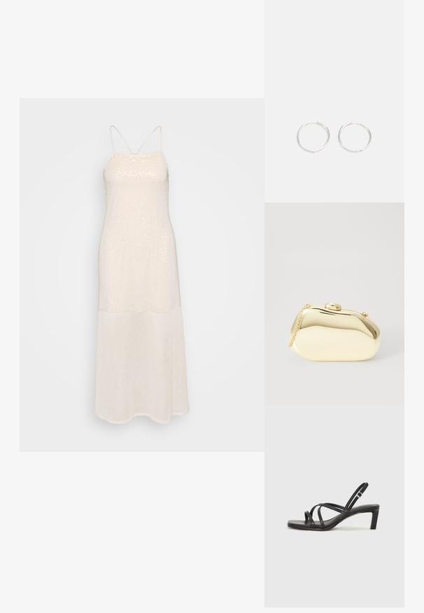 Rochie lungă, de un bej deschis, confecționată dintr-un material cu paiete; are bretele subțiri și o siluetă dreaptă. Textură netedă cu un luciu subtil.; Sandal cu barete negre, cu vârf pătrat și toc mic de bloc. Prezintă mai multe barete subțiri și o bareta ajustabilă la gleznă. Fabricat din piele netedă.; Clutch metalizat de culoare aurie, cu o formă netedă și rotundă, având un închizător tip buton în partea de sus și o curea mică pentru purtare.; Clutch metalizat de culoare aurie, cu o formă netedă și rotundă, având un închizător tip buton în partea de sus și o curea mică pentru purtare.; Cercei din argint cu un design elegant și rotund, având o suprafață netedă și fără embellismente vizibile. Diametrul nu este specificat.