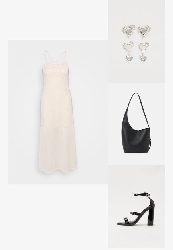 Gaiši beigē, grīdas garuma kleita, kas izgatavota no mirdzoša auduma; satur plānas siksnas un taisnu siluetu. Gluda tekstūra ar smalku spīdumu.; Melnas lakotas augstpapēžu čības ar kvadrāta purngalu, potīšu siksniņām un sudraba sprādzēm. Aprīkotas ar masīvu bloku papēdi stabilitātei.; Melnas ādas hobo soma ar gludu tekstūru, izliekta forma un vienu regulējamu jostu; augšā ir plaša atvere.; Sudraba sirds formas auskari ir rotāti ar daudzšķautņainiem caurspīdīgiem akmeņiem un ar teksturētu rāmi. Komplektā iekļauti gan pērlīšu, gan pilienu stili.