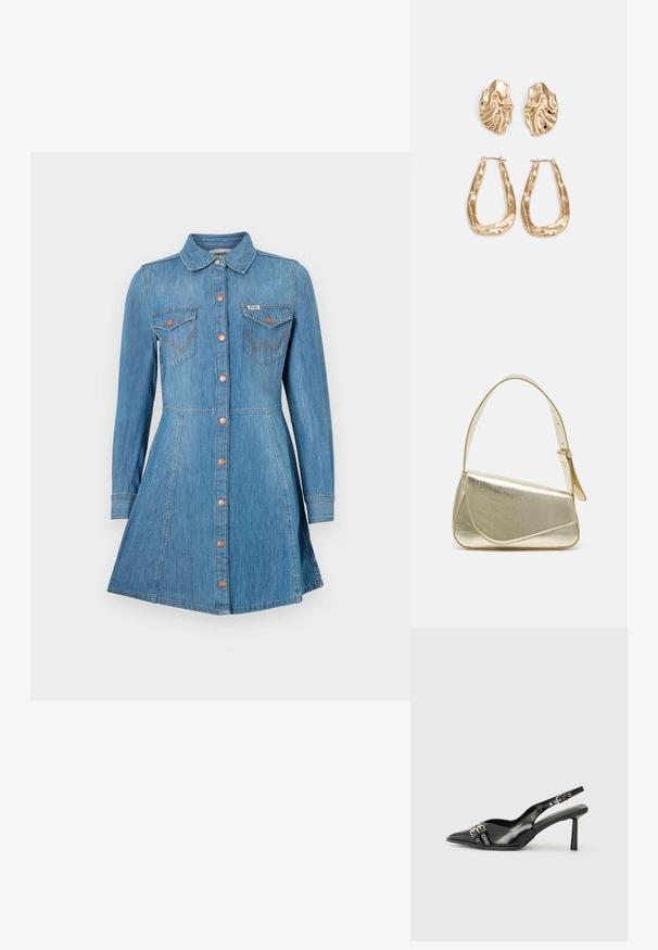 Vestido de ganga azul com mangas compridas, fecho à frente por botões, dois bolsos no peito e uma saia evasé. Apresenta botões em tom cobre e costuras de contraste.; Sapato slingback preto em pele patentada com bico apontado, tiras no tornozelo apresentando fivelas e acessórios prateados, e um salto elegante.; Bolsa de mão metálica dourada com um design estruturado, textura suave e alça ajustável. Apresenta uma forma triangular única e costura minimalista.; Brincos em tom de ouro com formas onduladas e texturizadas. Inclui studs escultóricos com presilha e um design de argola aberta com um acabamento martelado.