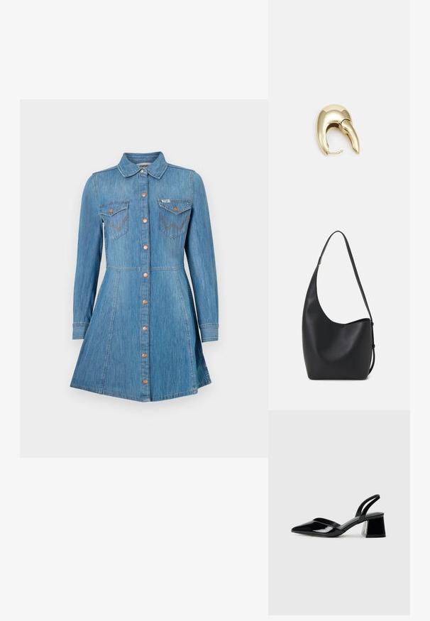 Blå denimkjole med lange ermer, knappelukking foran, to brystlommer og en utsvingt skjørt. Har kobberfargede knapper og kontraststing.; Svarte patentlær slingback hæler med spiss tå og geometrisk blokk hæl. Har et stilrent, minimalistisk design og jevn tekstur.; Svart lær hobo-veske med glatt tekstur, buet form og enkelt justerbart stropp; har en bred åpning på toppen.; Gullfarget metalløredobber med et elegant, buet design. Har en karakteristisk spiss form, polert overflate og hengsel-lukking.