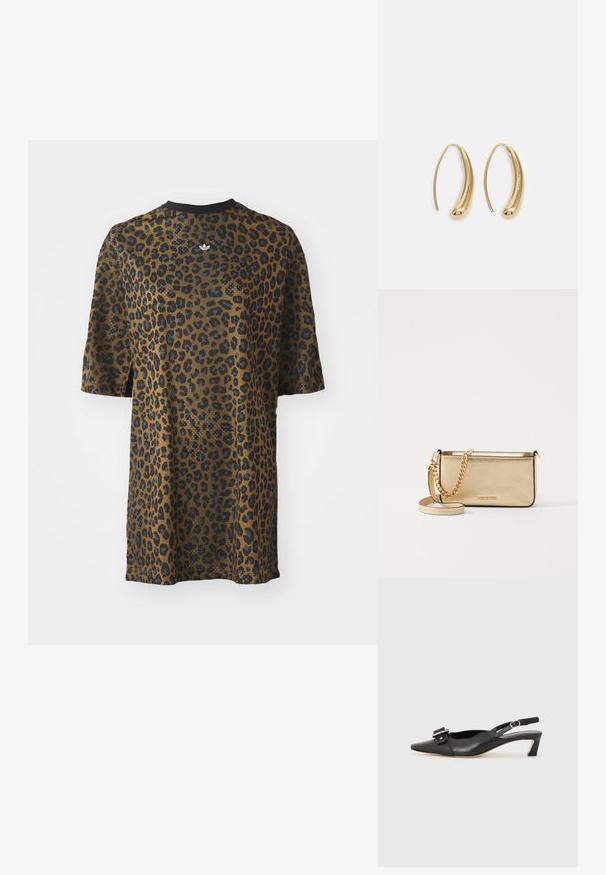 Plekta šūta t-krekls ar īsām piedurknēm, brūnā un melnā krāsā, ar apaļu kakla izgriezumu un izsietu logotipu centrā.; Melnas ādas siksnu kurpes ar smailu pirkstu, nelielu papēdi un dekoratīvu sprādzi augšdaļā. Gluda tekstūra, minimālistisks dizains.; Metālisks zelta ādas klipsis ar teksturētu apdari, ar zelta ķēdes siksniņu un noņemamu pleca siksniņu. Zīmola logo iepresēts.; Zelta toņu metāla gredzena auskari ar izliektu, pagarinātu formu. Ar gludu, spīdīgu virsma un noapaļotu galu papildu detaļām.